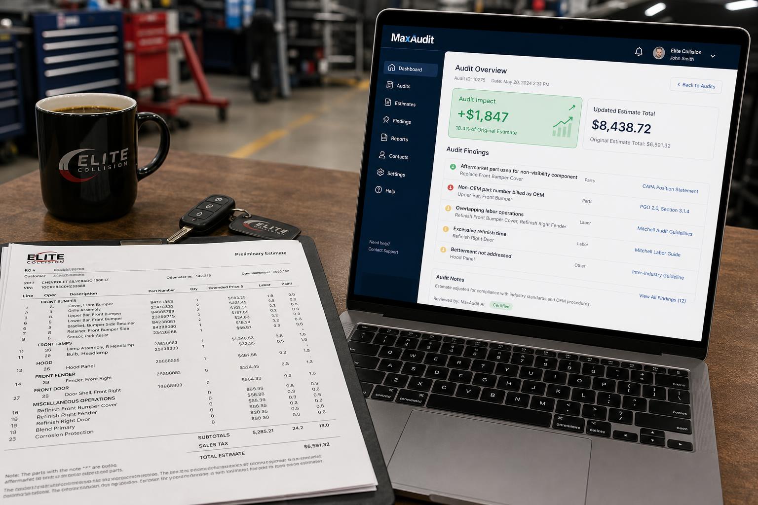 MaxAuditPro dashboard open on a laptop next to a printed collision repair estimate on a body shop desk